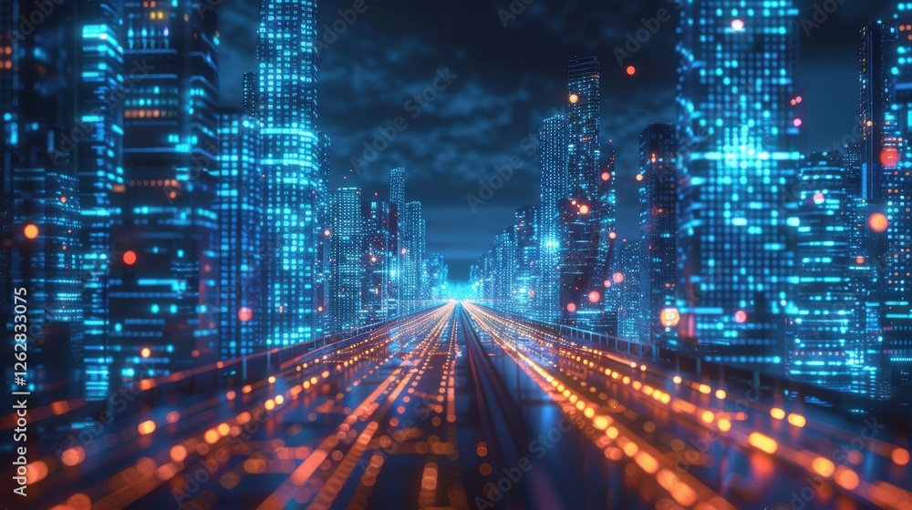 Poster a futuristic cityscape with illuminated skyscrapers and vibrant light trails, creating a dynamic and