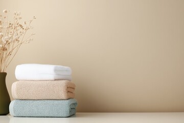 Neatly stacked pastel towels and dried flowers on minimalist surface