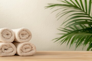 Neatly rolled beige towels on wooden table with green plant in background