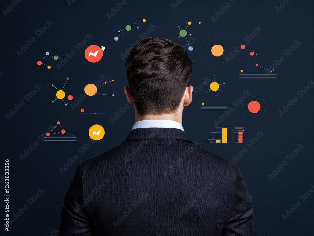 Poster a professional individual observes colorful data visualizations, indicating analytics and business i