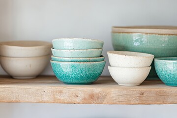 Collection of ceramic bowls in various sizes and colors on wooden shelf