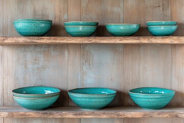 Rustic turquoise ceramic bowls on wooden shelves in farmhouse kitchen