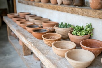Rustic clay pots on wooden shelves with green succulents