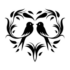 Two Birds In Heart Shape black silhouette vector illustration isolated on a transparent background