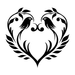Romantic Bird Couple in Heart Shape Black Silhouette Vector Design