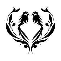 Two Birds In Heart Shape black silhouette vector illustration isolated on a transparent background