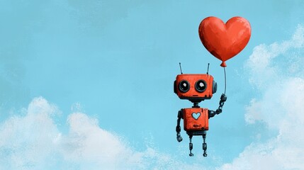 Fototapeta premium Cute Cartoon Robot Holding Red Heart Balloon Against Bright Blue Sky with Fluffy Clouds