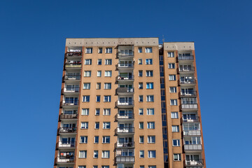 Facade of Great Panel type of apartment building in Goclaw area of Warsaw, Poland