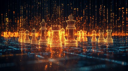 Futuristic chess game with glowing pieces set against a digital data background