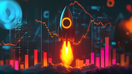 Futuristic Rocket Launching with Abstract Financial Graphics Background
