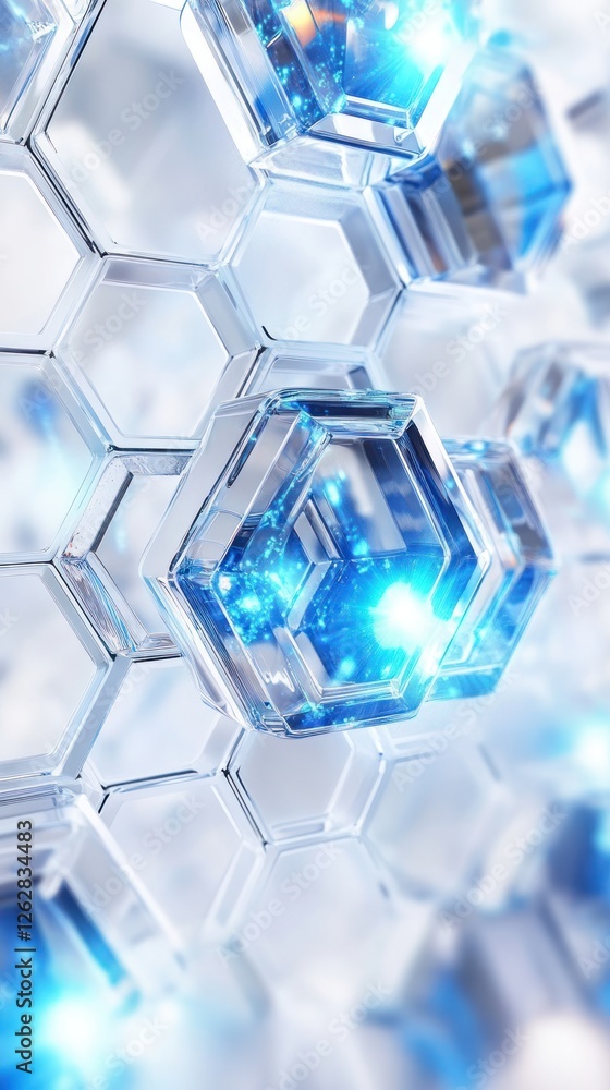 Poster abstract close-up of translucent hexagonal shapes with glowing blue elements, creating a futuristic 