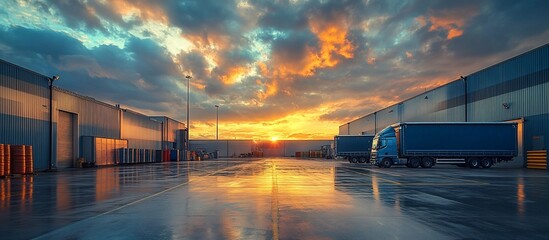 Fototapeta premium Trucks parked in a warehouse lot at sunset, reflecting vibrant colors on wet pavement