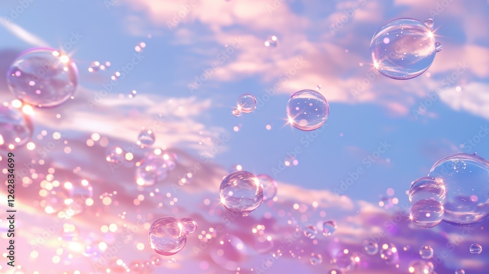Poster soft pastel sky with floating bubbles, creating a dreamy and whimsical atmosphere.