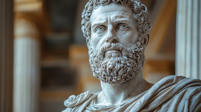 The image features a meticulously crafted marble statue depicting a stoic figure, capturing intricate details of facial features and expressions, evoking contemplation.