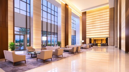 Elegant modern hotel lobby with spacious seating, large windows, and serene outdoor views at dusk