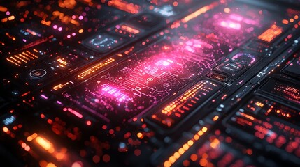 Obraz premium Futuristic circuit board with glowing, vibrant lights; technological display