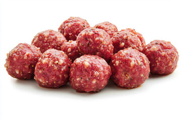 A detailed close-up of cooked meatballs, highlighting the juicy texture and seasoning, isolated on a white background.