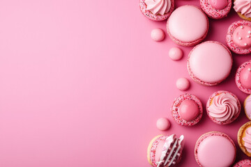 Delicious pink macarons and cupcakes look sweet and romantic on pink