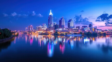Fototapeta premium Nighttime Reflection of City Skyline with Illuminated Buildings and Calm Water Surface