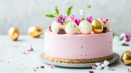 Fototapeta premium A beautiful pink cake adorned with flowers, chocolate, and golden eggs, perfect for celebrations and special occasions.