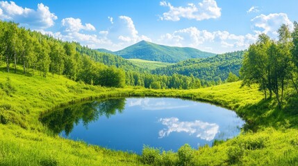 Fototapeta premium Serene Landscape with Calm Water Reflection and Lush Greenery Under a Clear Blue Sky