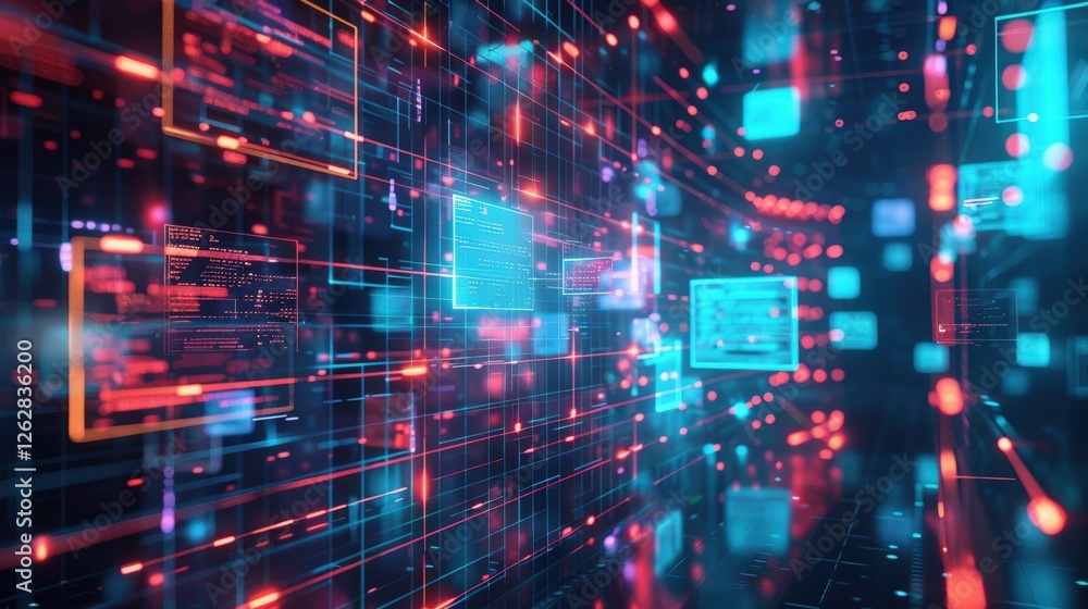 Aufkleber a vibrant digital landscape featuring glowing data streams and matrices, representing advanced techn