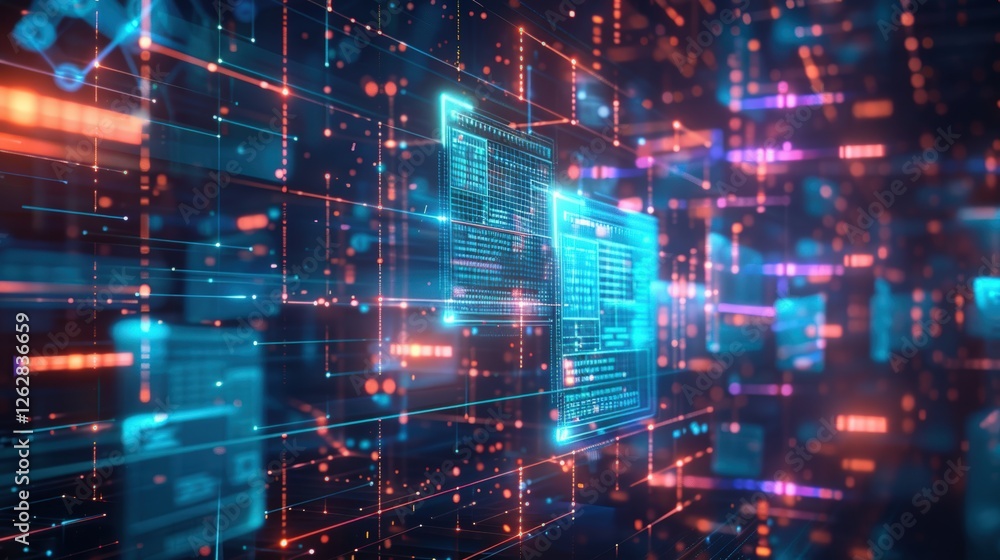 Poster a vibrant digital landscape featuring glowing data streams and interconnected grids, representing ad