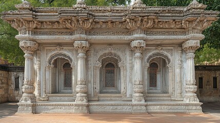 Naklejka premium Ornate white marble structure with intricate carvings and arched windows, set against a backdrop of lush greenery.