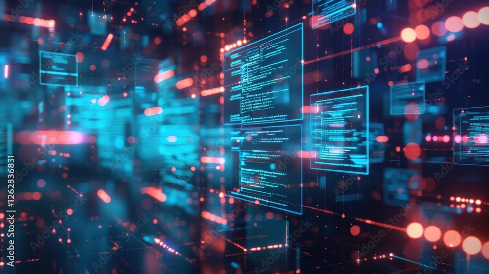 Poster a vibrant digital landscape showcasing lines of code and glowing particles, representing advanced te