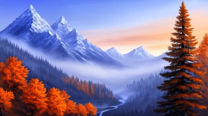 Serene autumn landscape with vibrant orange trees, majestic mountain, and a winding river at sunset