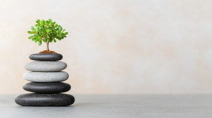 Bonsai on stones with rock look peaceful and zen in simple clean isolated background