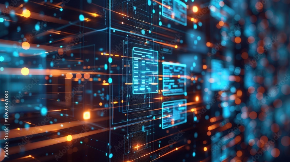 Poster a vibrant digital landscape featuring glowing data grids, interconnected nodes, and luminous circuit
