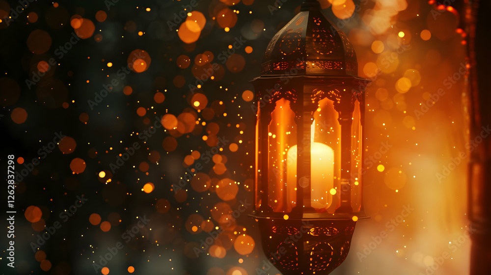 Poster a beautifully illuminated lantern casting a warm glow amidst a backdrop of sparkling bokeh lights