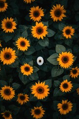 A top-down shot of a sunflower field with a lone figure walking through.