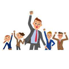 男性会社員が中心にガッツポーズをしている様子