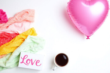 pink foil balloon white box LOVE scarves coffee white bg
