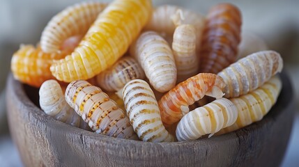 The delicious food of insect pupae in a wooden bowl
