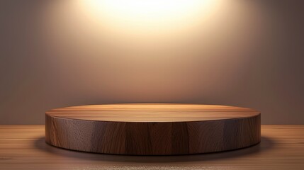 Cozy round wooden podium with soft, warm lighting.