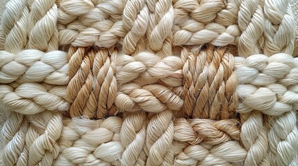 A close-up view of intertwined ropes, showcasing intricate braiding and a natural color palette, highlighting texture and craftsmanship.