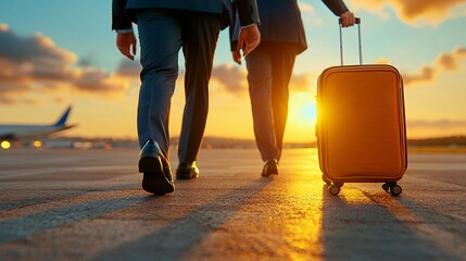 Businessmen Walking Airport Tarmac Sunset Luggage