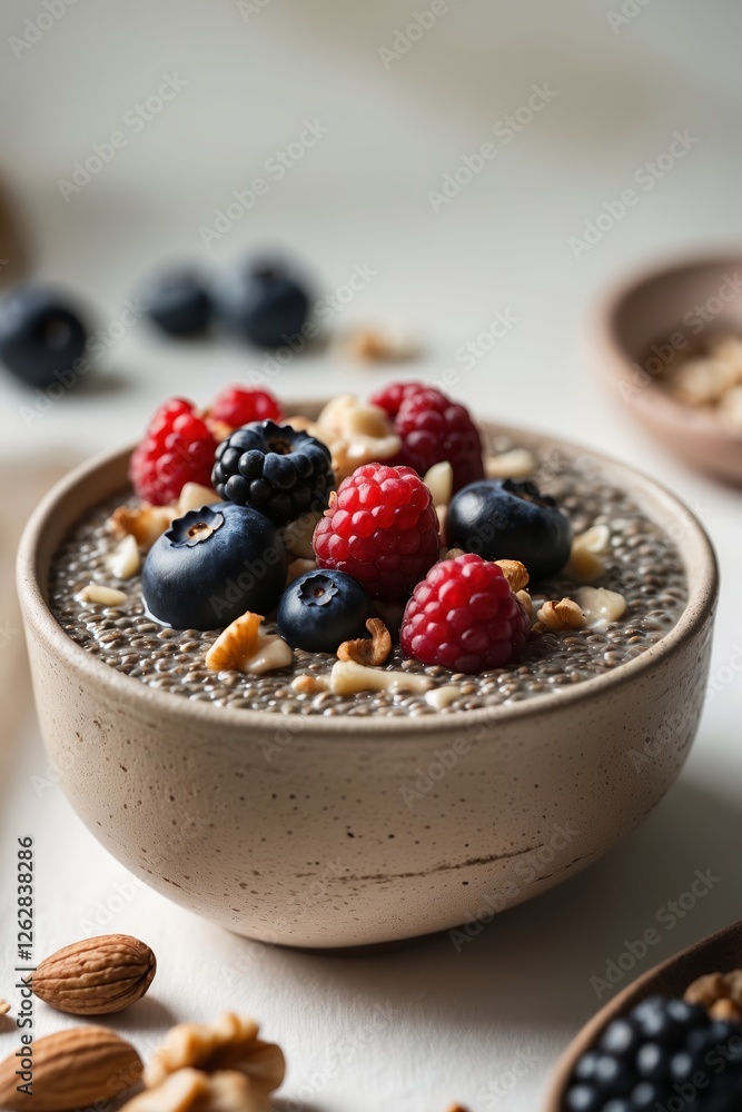 Poster chia seed pudding topped with fresh berries and nuts served in a rustic bowl on a table