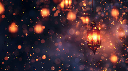 Naklejka premium Glowing lanterns illuminate a dreamy night sky filled with shimmering bokeh lights