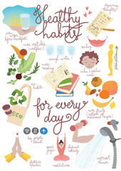 Poster with set of 15 healthy habits for every day. Water, fruits, vegetables, activity, sport, yoga, meditations, lists ,reading, smiling, gratitude, ecological behavior, cold shower, good posture.