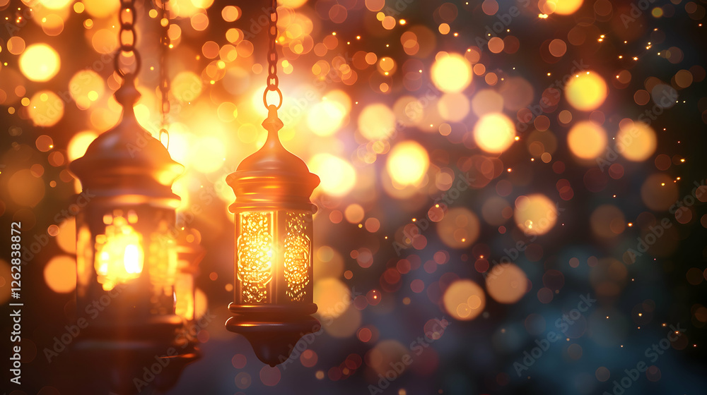 Aufkleber glowing lanterns illuminate a dreamy evening scene with shimmering bokeh lights in the background