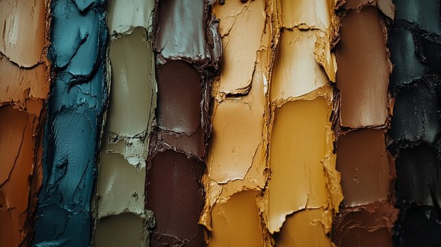 Colorful layers of textured paint arranged in parallel stripes showcasing a variety of earthy tones