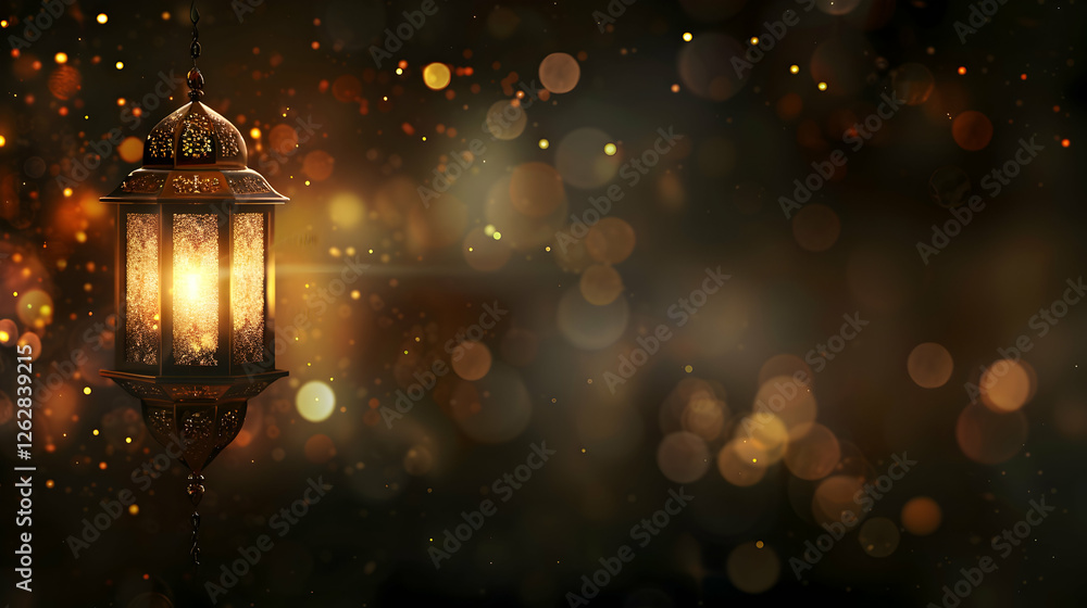 Poster ornate lantern illuminating a dark background filled with shimmering bokeh lights, creating a warm a