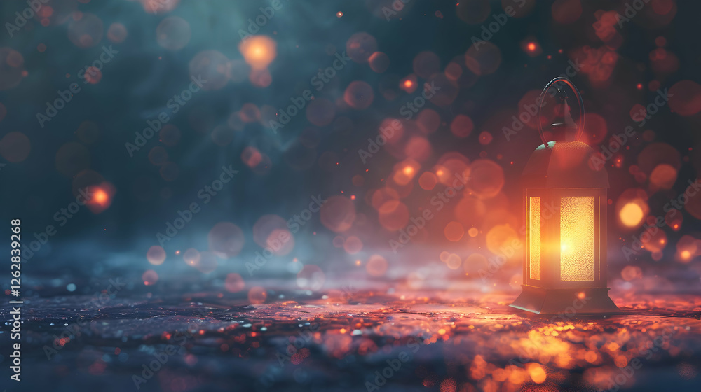 Poster a glowing lantern illuminating a misty night scene with sparkling bokeh effects in the background