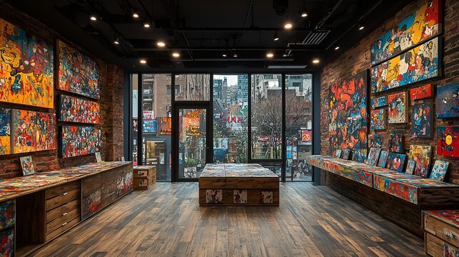 Comic book store interior, city view, NYC