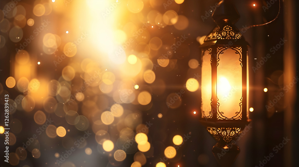 Poster glowing lantern illuminating a festive night scene with sparkling bokeh lights in the background