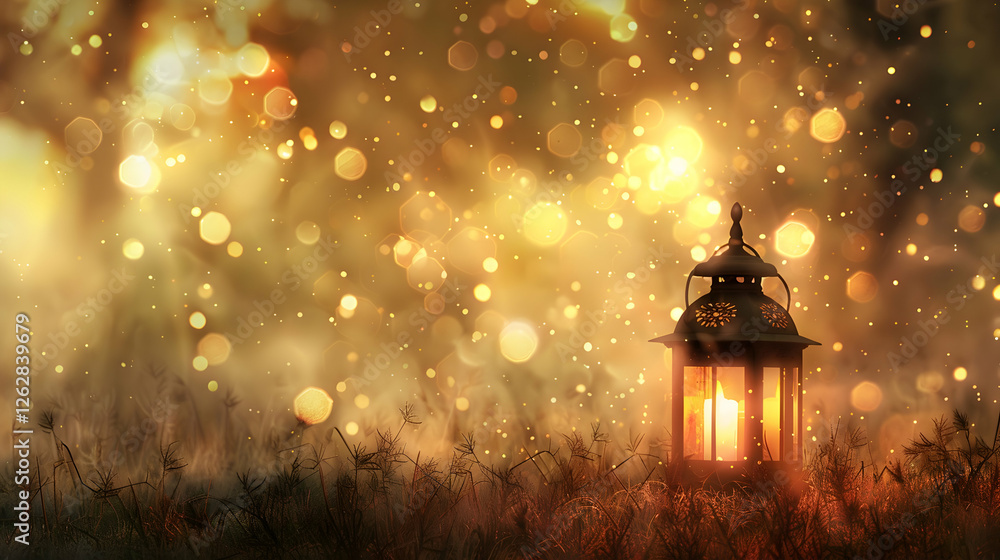 Poster glowing lantern in a misty field at dusk, surrounded by shimmering bokeh lights